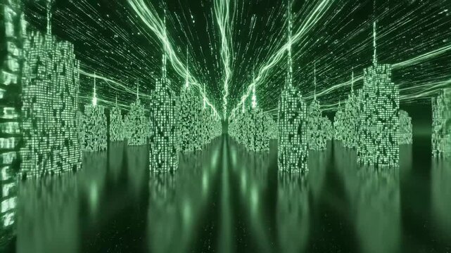 Green digital cityscape of binary skyscrapers and glowing data streams, illustrating futuristic ai-driven networks, global connectivity, cyber infrastructure, and smart-city tech - Powered by Adobe