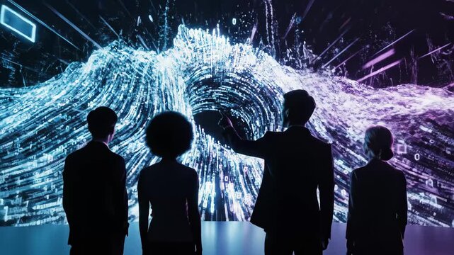 Business professionals viewing innovative data visualization on a large screen, exploring digital information flows and analytics for strategic decision-making and innovation