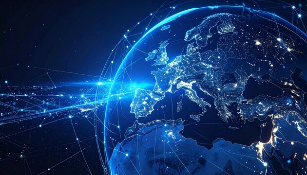 Digital Earth with glowing data trails over Europe
