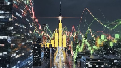 Futuristic metropolis showing a cityscape with skyscrapers illuminated by financial charts, depicting stock market trends with both upward arrows of growth and downward arrows of recession - Powered by Adobe