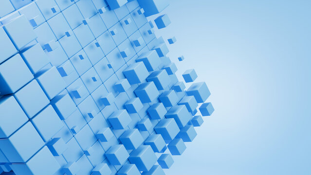 Abstract Blue 3D Cubes Grid: Ideal for representing organized data storage, blockchain technology, construction, or stable digital systems.