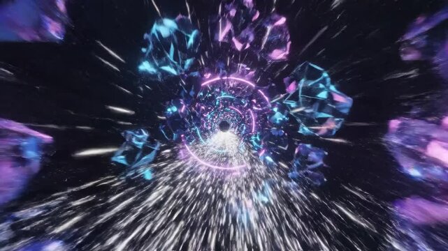 Abstract space tunnel experiencing hyper speed travel with glowing neon rings and exploding digital particles creating a futuristic vortex portal effect - Powered by Adobe
