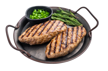 Close up of succulent grilled kofta kebabs or kebaps, showcasing rich spices and a tantalizing golden-brown crust. isolated on white background. top view