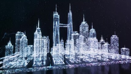 Binary code numbers create a vibrant green and blue digital tunnel or vortex, revealing a city skyline outline within, illustrating concepts of technology, data flow, and virtual reality - Powered by Adobe