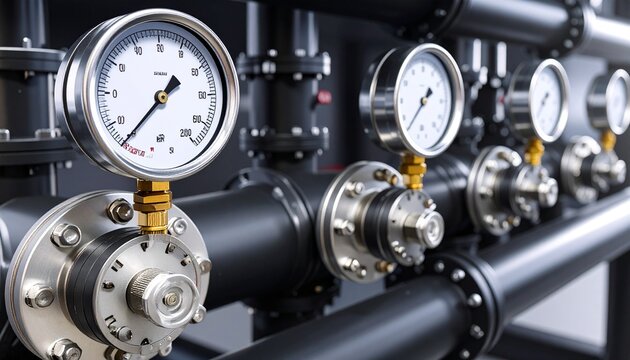 Industrial pressure gauges on black pipes with yellow valves