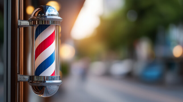 Traditional barber pole in front of a barbershop, with a blurred city street in the background during sunset. - Powered by Adobe