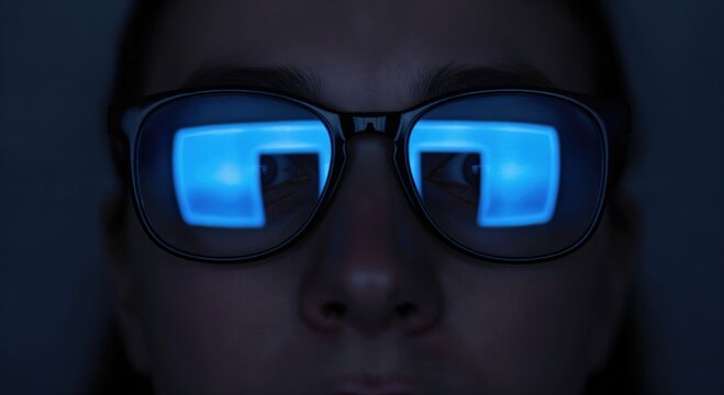 Close-Up of Person with Glasses Viewing Blue Light from Digital Screen in a Dark Environment