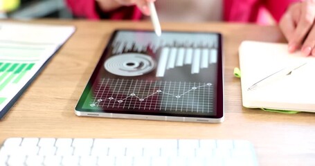 Businesswoman studies charts and diagrams on digital tablet sitting at desk. Woman uses tablet to interpret graphs showing revenue and expenses - Powered by Adobe