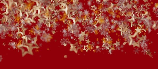 Christmas background with golden stars and snowflakes against red backdrop. Perfect for holiday design, greetings and seasonal concep © vegefox.com
