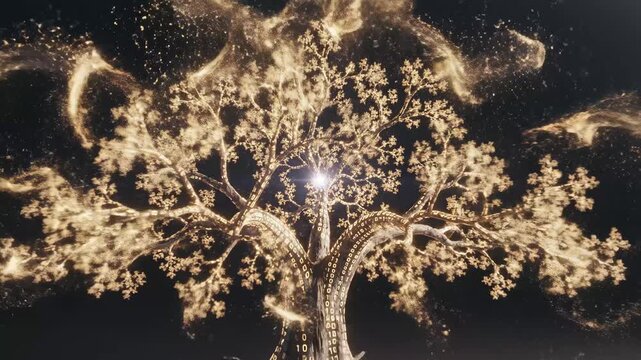 Digital tree with glowing binary code numbers representing data and information flowing through a network, symbolizing technological growth and connection against a dark background