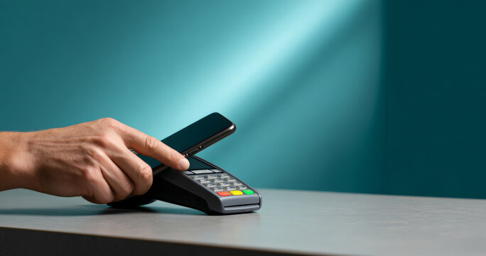 A person using a payment terminal with their phone to make contactless payment