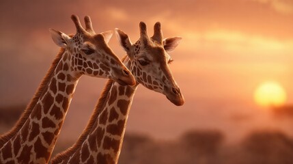 Two giraffes with necks intertwined against golden sunset sky creating romantic silhouette. African wildlife and animal connection in natural habitat concept