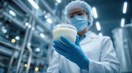 Scientist Inspecting Sterile Milk Sample in Modern Laboratory, Quality Control, Food Safety Testing, Biotechnology Research, Hygiene Standards and Dairy Production Process.
