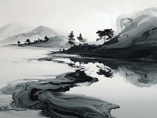 Abstract Chinese ink painting depicts black ink swirling in water, creating a dreamlike and ethereal landscape through expressive brushstrokes, negative space, and monochrome art.