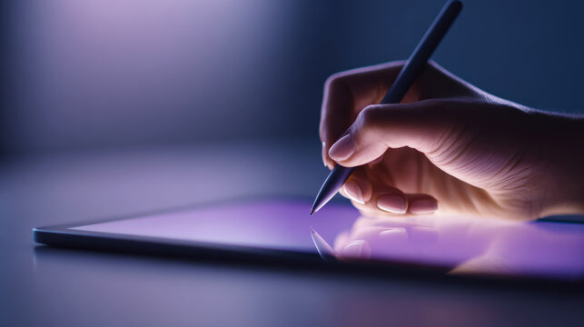 A hand holding a stylus pen above an electronic tablet with purple backlighting