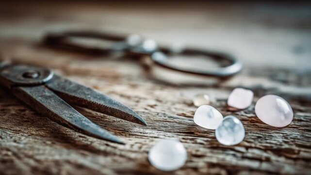 Close-up of pliers and gemstones on wood. Tools and shiny stones, still life photography