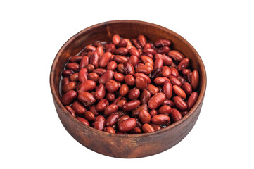 Red kidney beans in a natural wooden bowl on a bright white background. Healthy, protein-rich vegan food. Overhead.