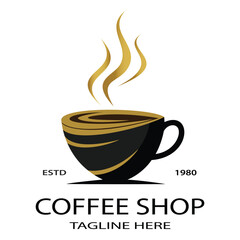 Luxury coffee shop logo design with gold cup swirl detail and steam for gourmet cafe brand identity and beverage