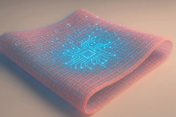 Intelligent Fiber Network: Holographic woven textile sheet with glowing data particles integrated in mesh structure against neutral background
