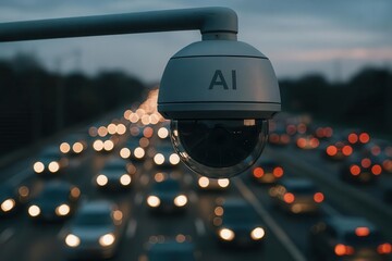Intelligent Traffic Control: Modern AI-powered dome camera mounted above congested highway with streaming vehicles at twilight 