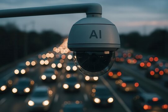 Intelligent Traffic Control: Modern AI-powered dome camera mounted above congested highway with streaming vehicles at twilight

