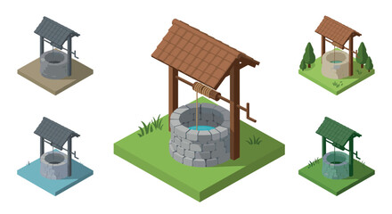 Isometric wishing wells rustic designs in multiple variations with different roof styles