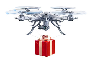A drone delivering a red Christmas gift box. Holiday present delivery logistics, online shopping promotions, express festive shipping. Innovation, technology, celebration, e-commerce, marketing. PNG