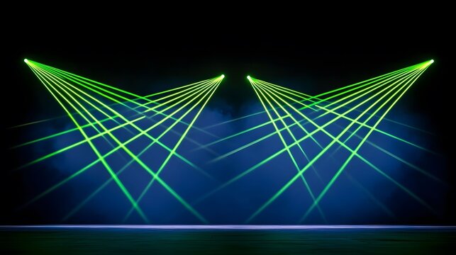 The image shows a stage with two sources emitting bright green laser beams that crisscross through the air, creating a dynamic display against a dark background, filled with atmosphere.
