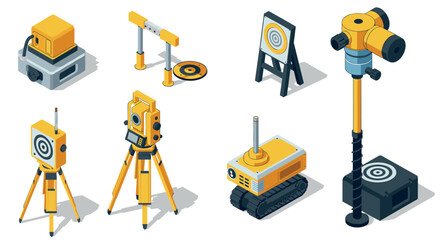 Modern isometric surveying equipment set with tripods and targets