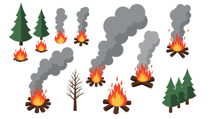 Campfire elements with pine trees and smoke on white background