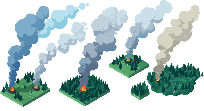 Isometric forest fire stages with smoke plumes in various shades