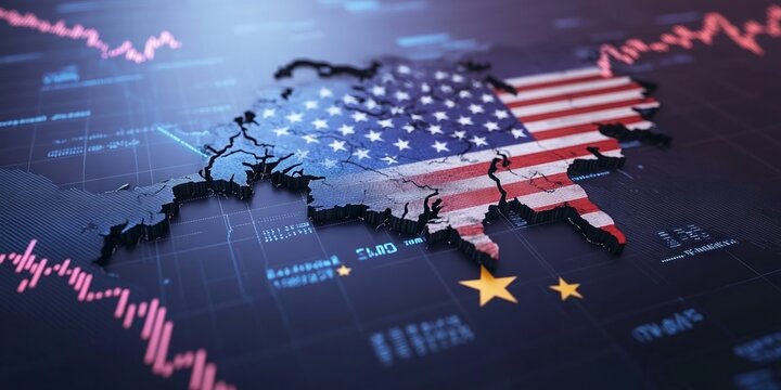 United states and european union flags over a digital map showing declining trade graph