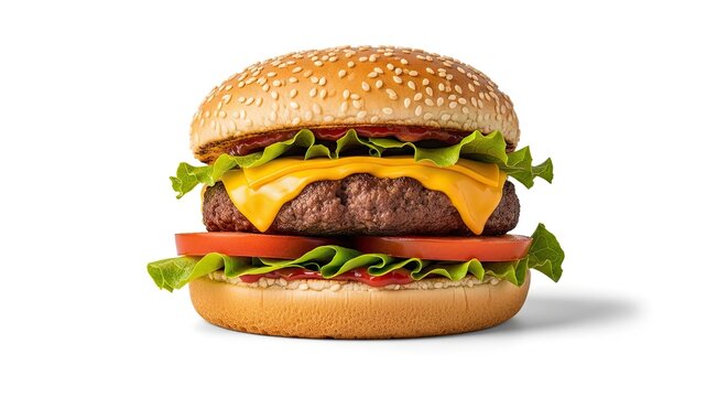Juicy cheeseburger with fresh lettuce and ripe tomatoes stacked high on a sesame seed bun, perfect for mouthwatering restaurant menus and tempting food advertisements