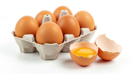 Fresh brown eggs in carton with cracked shell revealing golden yolk ideal for breakfast recipes, baking, and healthy meal planning, perfect for culinary projects