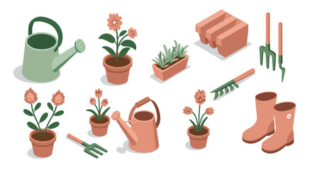 Isometric gardening tools and plants collection for diy enthusiasts