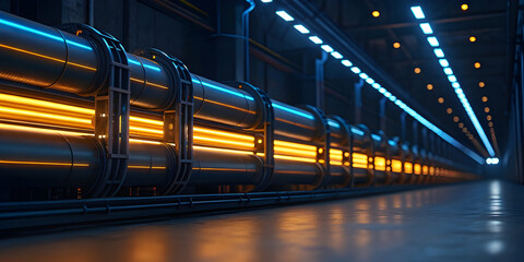 Futuristic Industrial Infrastructure Glowing Pipes in a High-Tech Tunnel