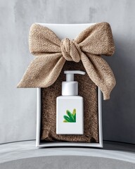 A white pump bottle with a green leaf design is presented in a white box, adorned with a large burlap bow.