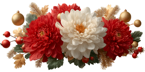Red and white flower coner border decor PNG with gold leaves and ornaments. perfect for holiday cards, festive borders and seasonal decorations.