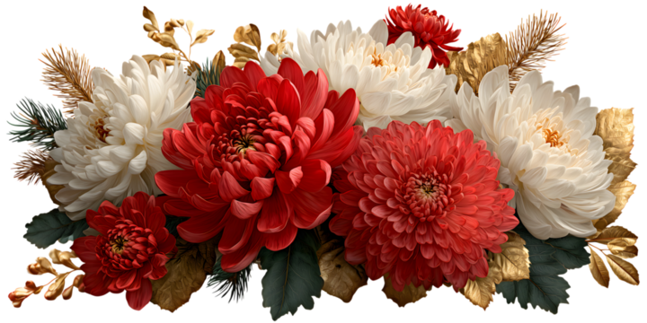 Red and white flower coner border decor PNG with gold leaves and ornaments. perfect for holiday cards, festive borders and seasonal decorations.