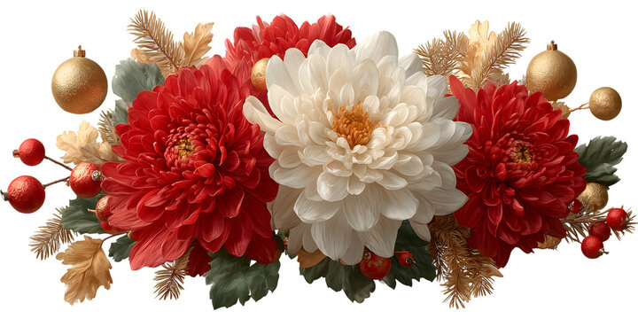 Red and white flower coner border decor PNG with gold leaves and ornaments. perfect for holiday cards, festive borders and seasonal decorations.