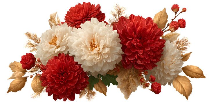 Red and white flower coner border decor PNG with gold leaves and ornaments. perfect for holiday cards, festive borders and seasonal decorations.