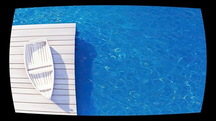 A white rowboat sits on a white wooden dock, adjacent to the shimmering blue water of a swimming pool.