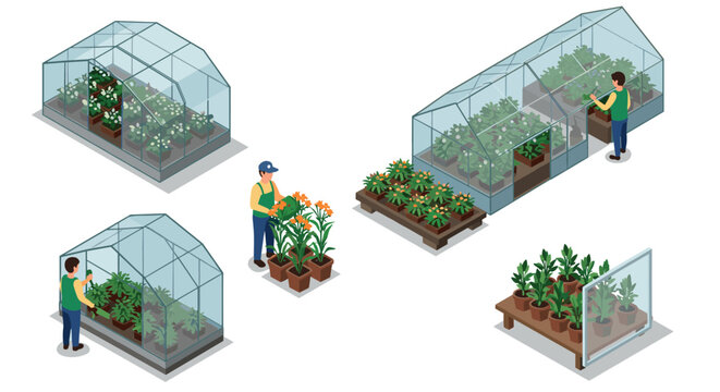 Isometric greenhouse gardening plant care and cultivation techniques