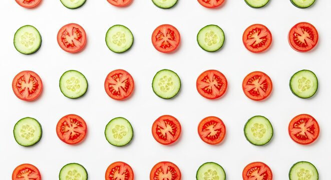 Vibrant sliced tomatoes and fresh cucumbers arranged in a clean, modern pattern, perfect for healthy eating content, culinary inspiration, or vibrant lifestyle visuals.