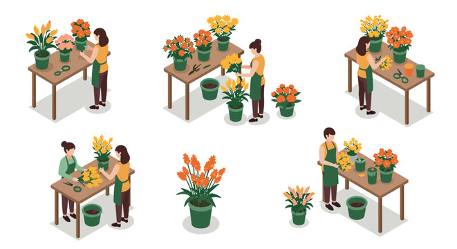 Gardening enthusiasts arranging flowers in isometric style with blooming plants
