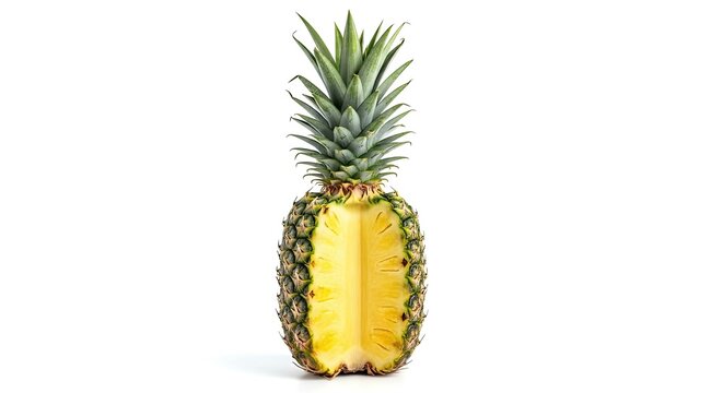 Vibrant, juicy pineapple cut in half revealing its fresh, sweet tropical flesh and crown of green leaves, perfect for healthy eating and summer refreshment.