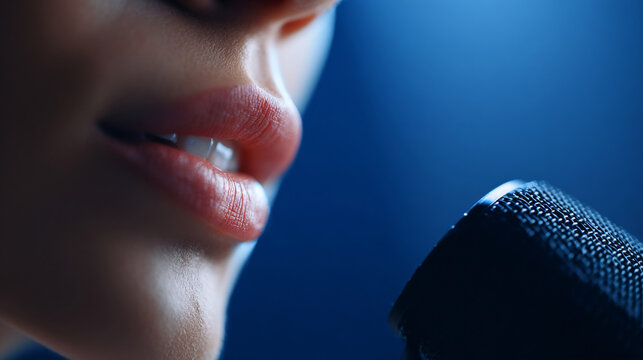 A close-up of a person's lips as they sing into a microphone, with the background in blue shades and out-of-focus