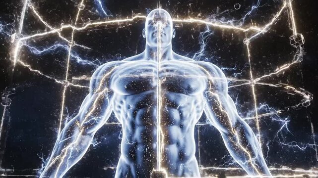 Male figure generating powerful electrical energy and lightning with a glowing core, representing concepts of superhuman strength, innovation, and potential
