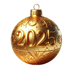 Gold Christmas ball as a New Year 2025 isolated on white and transparent background