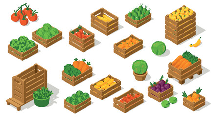 Isometric vegetables in wooden crates and baskets on white background